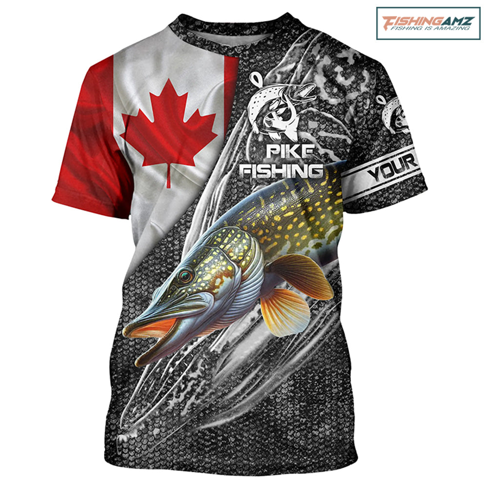 Canadian Flag Northern Pike Fishing pike skull reaper Custom name fishing jerseys | Tshirt - NPQ792
