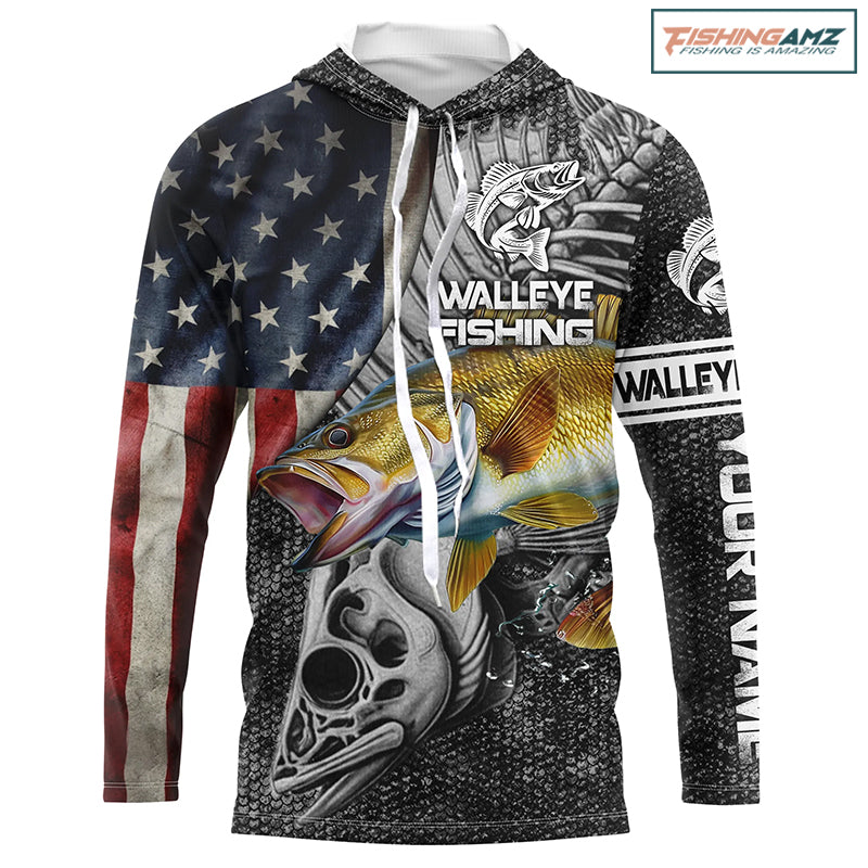 Walleye Fishing American Flag patriotic fish skull Custom name long sleeves fishing shirt NPQ10