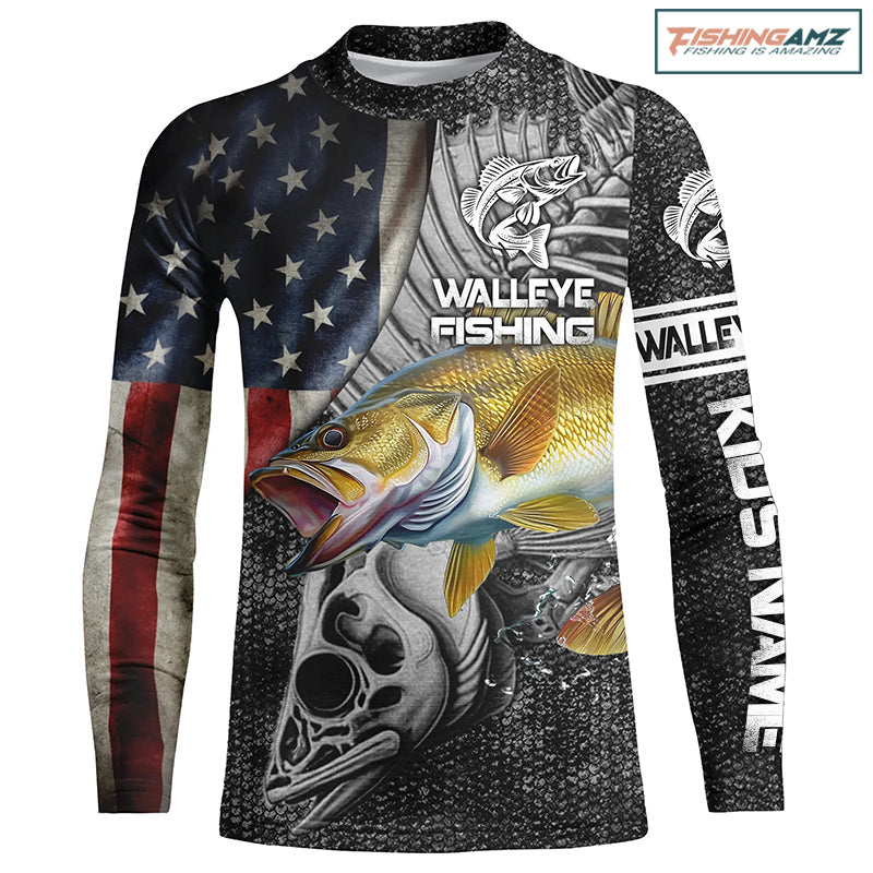 Walleye Fishing American Flag patriotic fish skull UV protection long sleeves fishing shirt for kid NPQ10