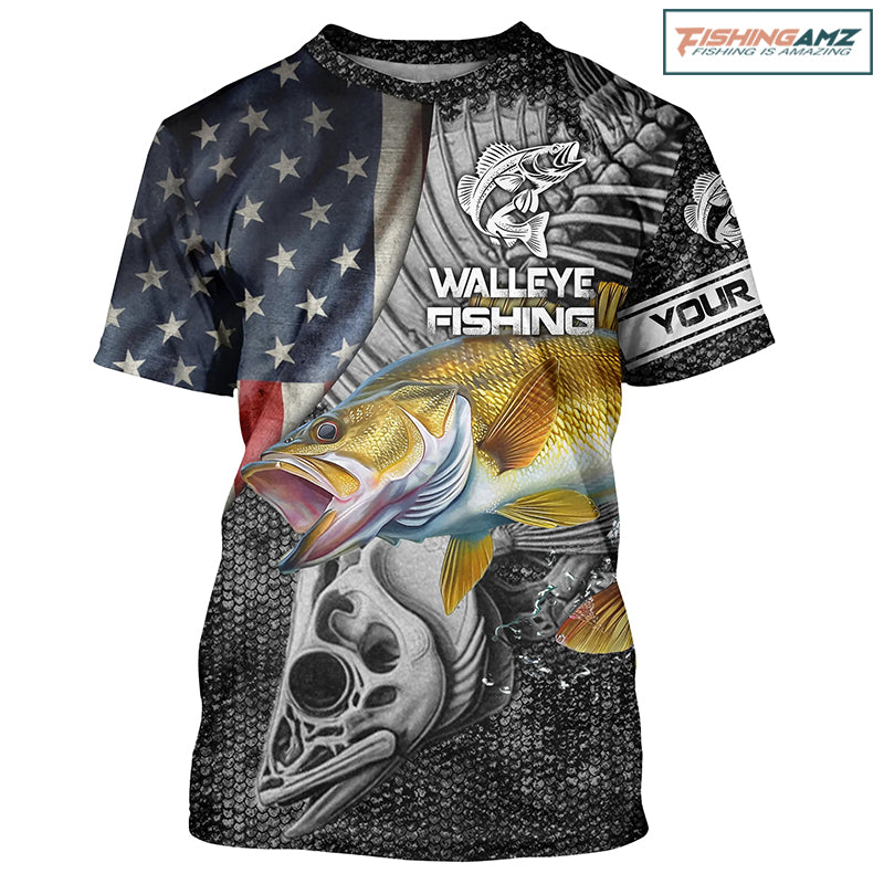 Walleye Fishing American Flag patriotic fish skull Customize Name All-over Print Unisex fishing T-shirt NPQ10