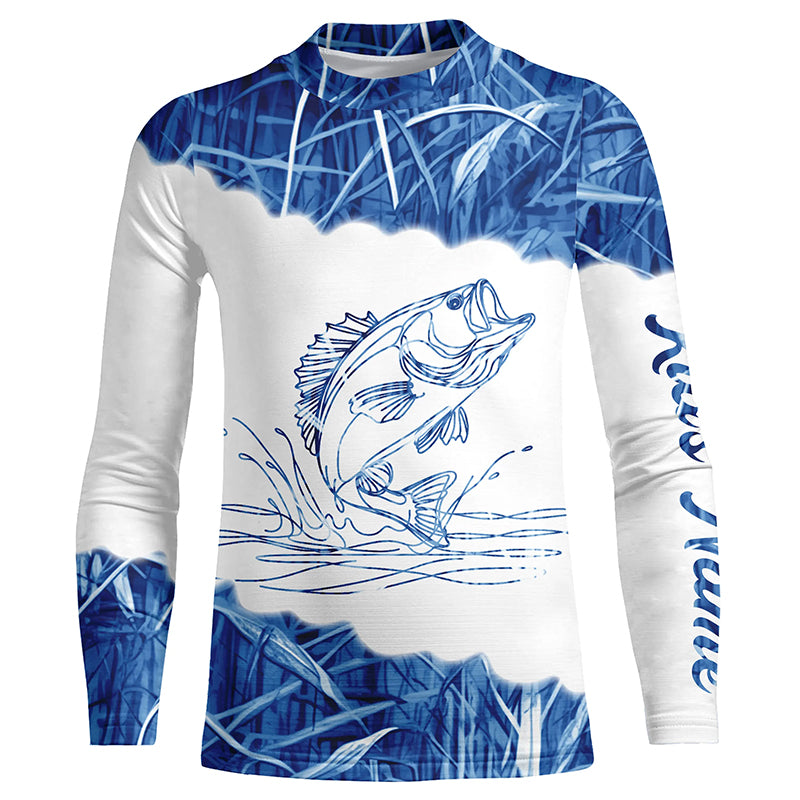 Blue camo Largemouth bass fishing Customize Name long sleeves fishing shirt for kid NPQ98