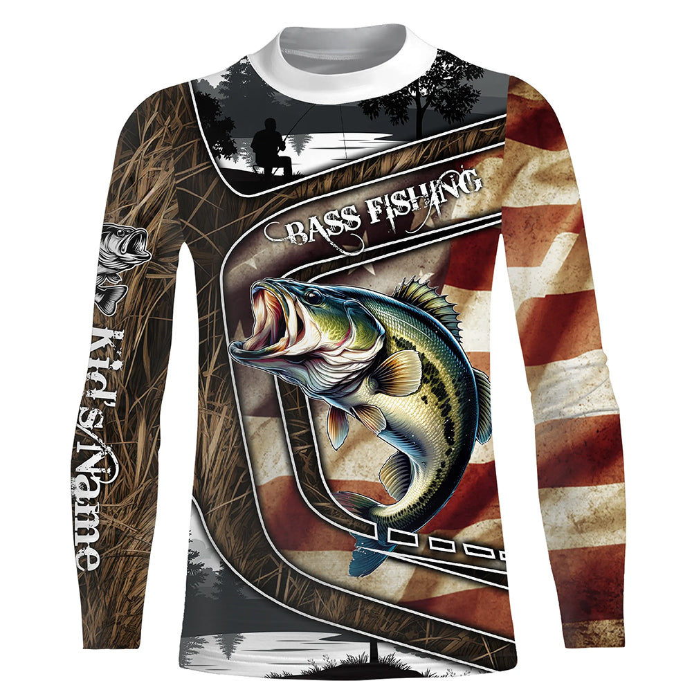American Flag patriotic Bass Fishing Jerseys, Personalized camo Bass fishing Kid Long Sleeves shirt NQS4856