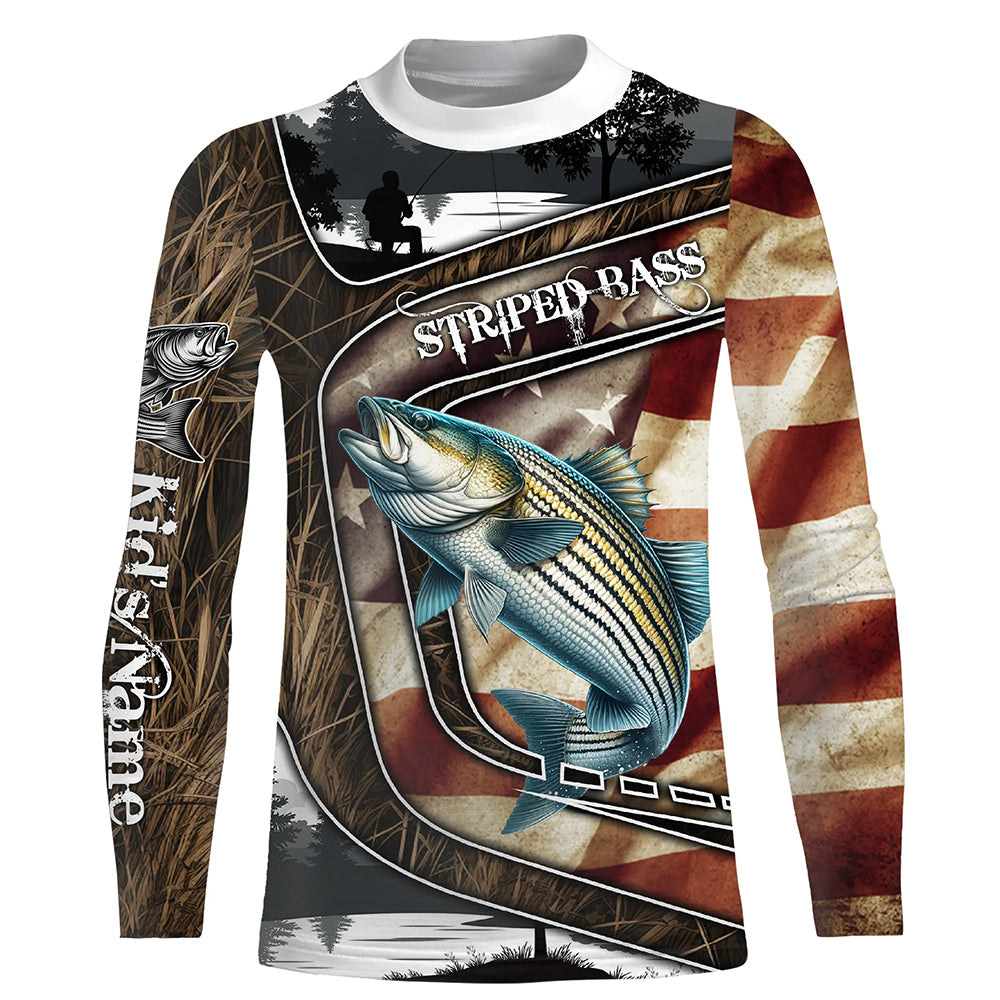 American Flag patriotic Striped Bass Fishing Jerseys, Custom camo striper Kid Long Sleeves shirt NQS4857