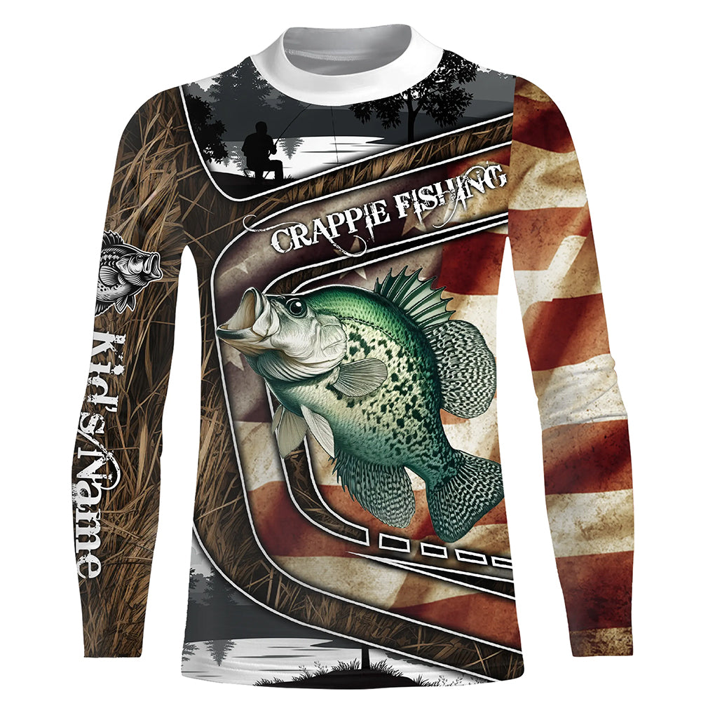 American Flag patriotic Crappie Fishing Jerseys, Custom camo Crappie fishing Kid Long Sleeves shirt NQS4858
