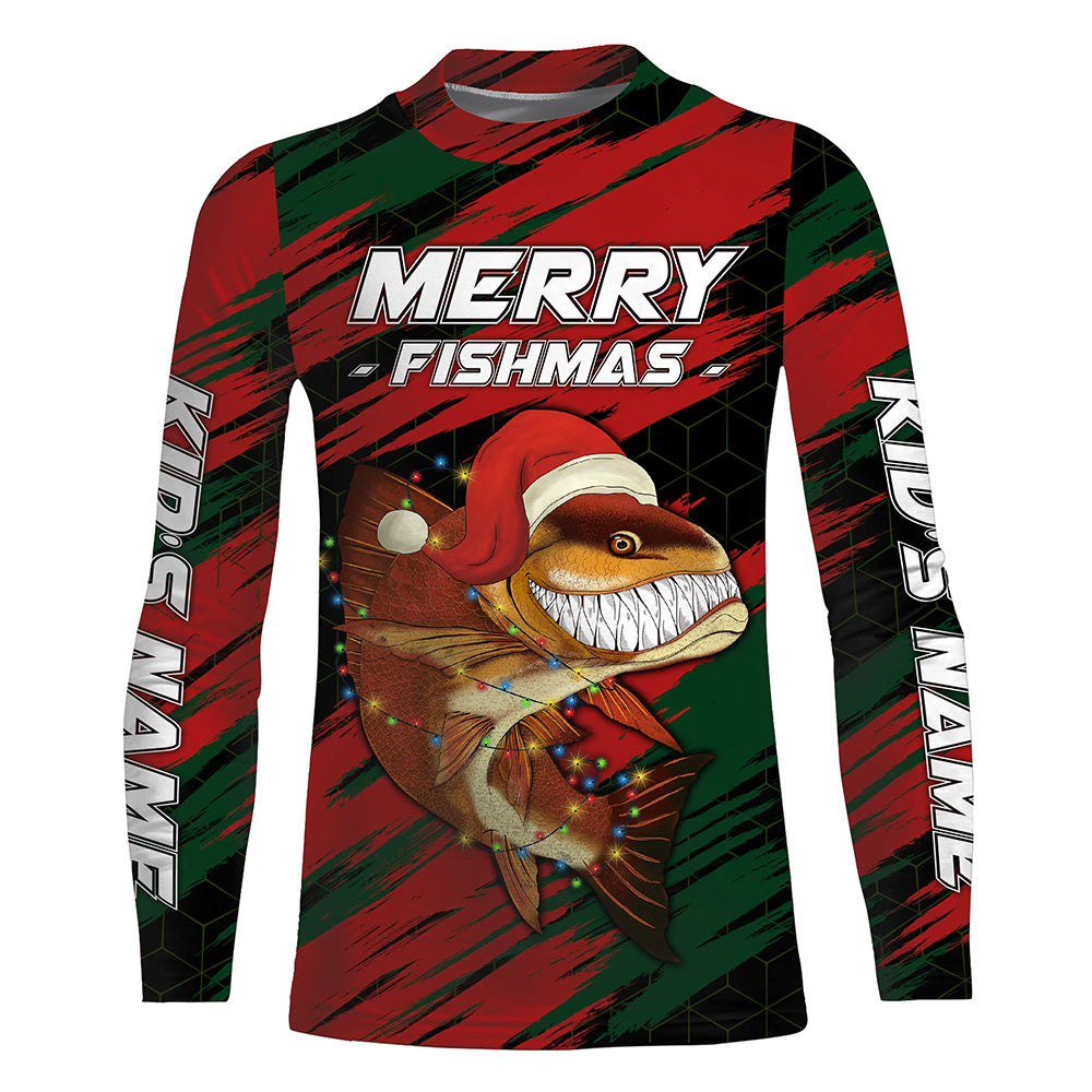 Personalized funny Christmas Redfish Kid Long Sleeve Fishing shirt , Mery fishmas Fishing gifts NQS6817