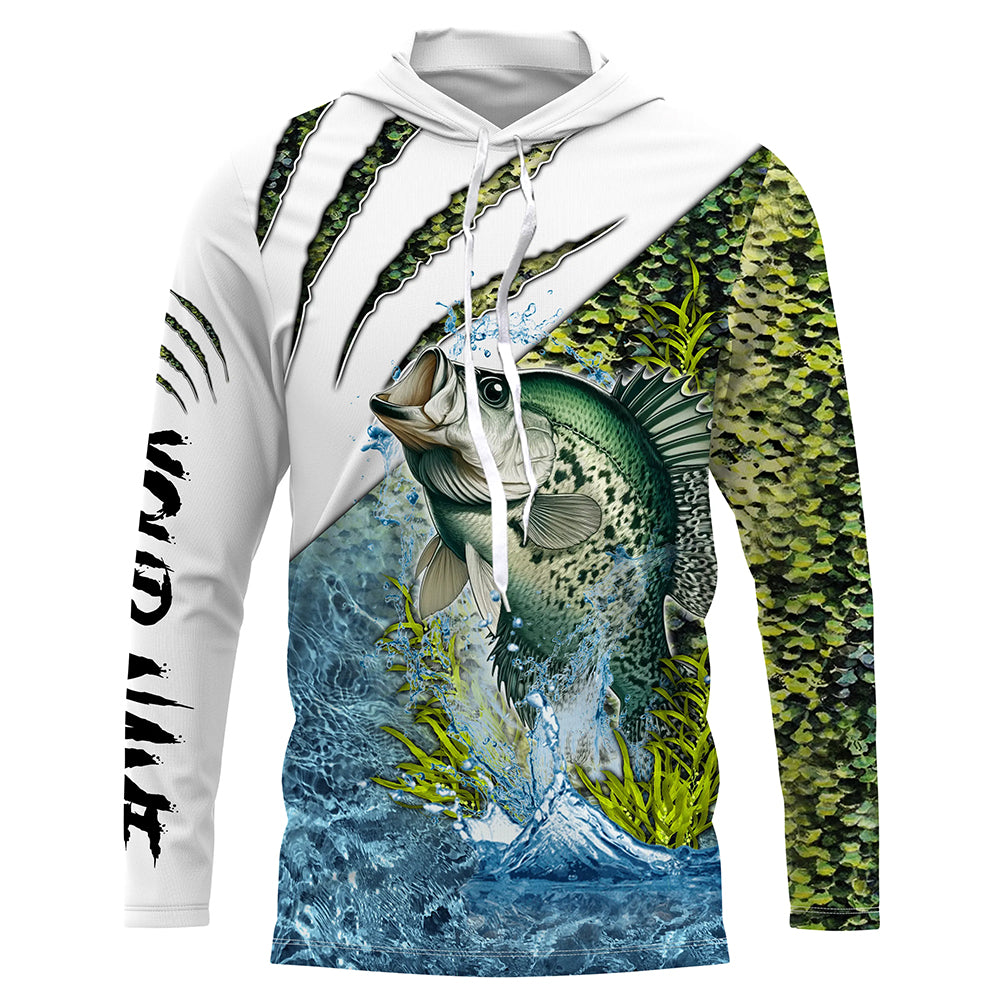 Crappie fishing green scales freshwater Custom Name Long sleeve, Long Sleeve Hooded Fishing Shirt - NPQ643
