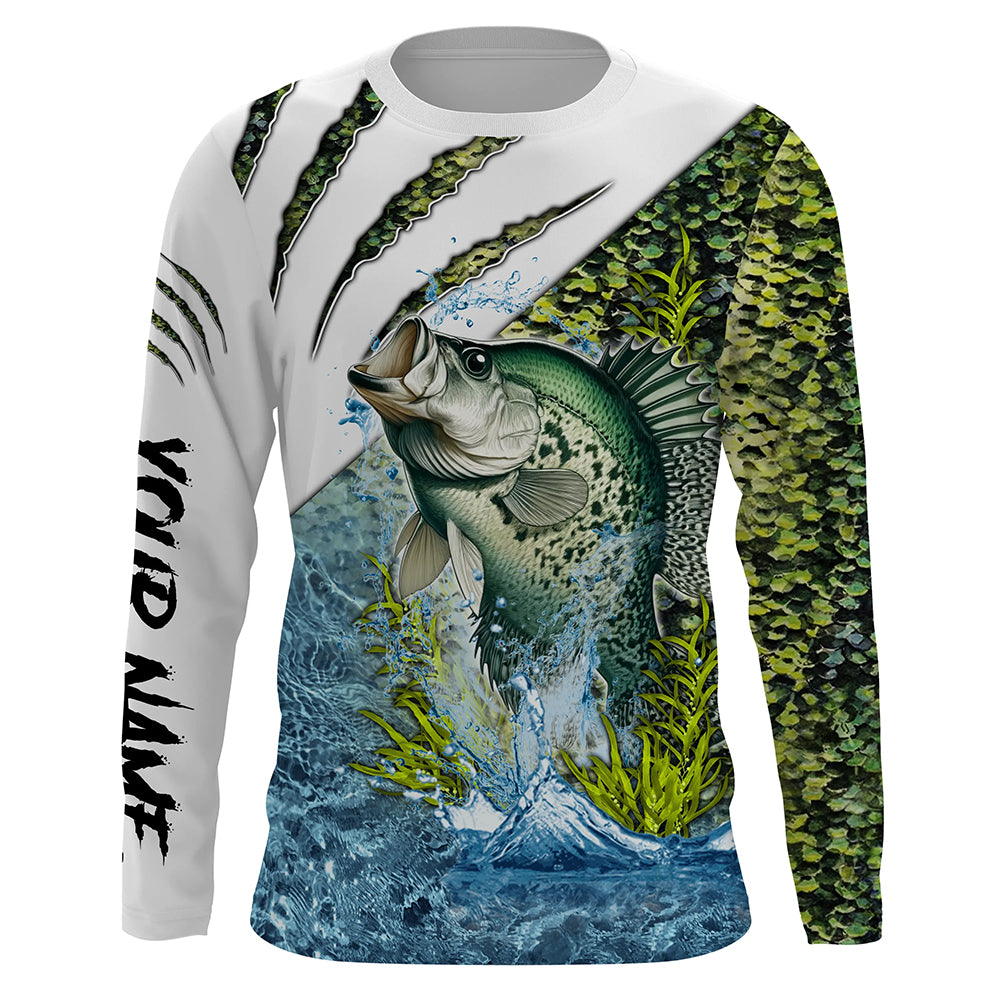 Crappie fishing green scales freshwater Custom Name Long sleeve, Long Sleeve Hooded Fishing Shirt - NPQ643