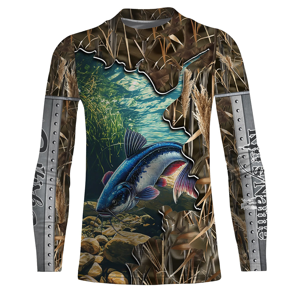 Catfish fishing Camo Customize Name UV protection long sleeves fishing shirt for kid NPQ104