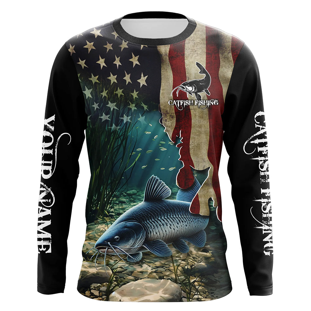 Catfish Fishing 3D American Flag Patriotic Customize name fishing Long Sleeve shirts NQS484