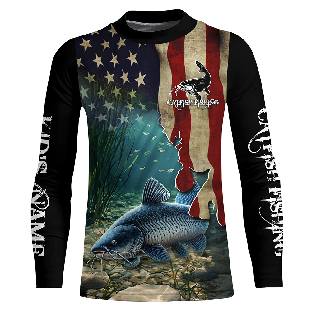 Catfish Fishing American Flag Patriotic Custom long sleeves fishing shirt for kid NQS484