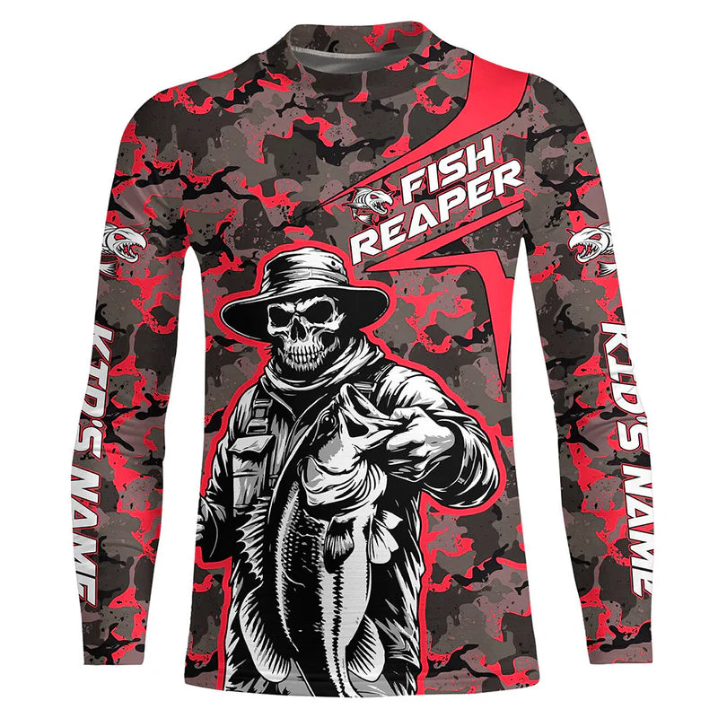Custom Fish Reaper Skull Bass Kid Long Sleeve Fishing Shirt, Bass Hunter Fishing Jerseys | Red Camo IPHW6506