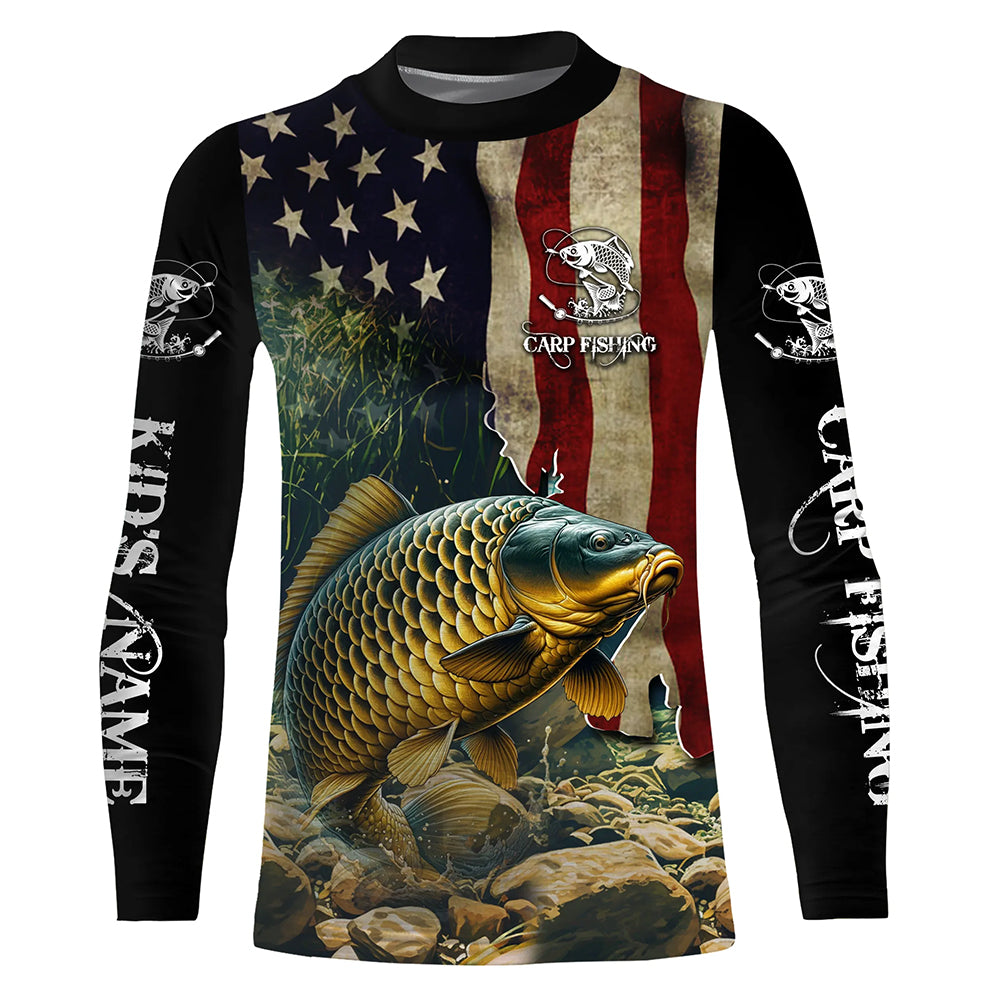 Carp Fishing 3D American Flag Patriotic Customize UV protection long sleeves fishing shirt for kid NPQ101