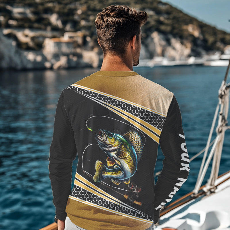 Walleye fishing line black gold Custom name fishing jerseys | Long sleeve, Long Sleeve Hooded NPQ783