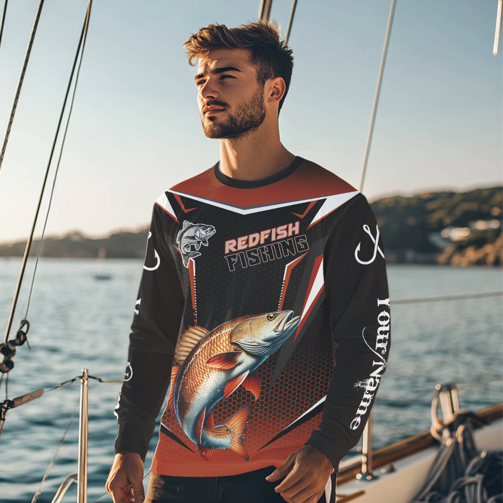 Black and Orange Redfish Long Sleeve Fishing Shirt, Personalized Red Drum Fishing Tounament Jersey NQS9774