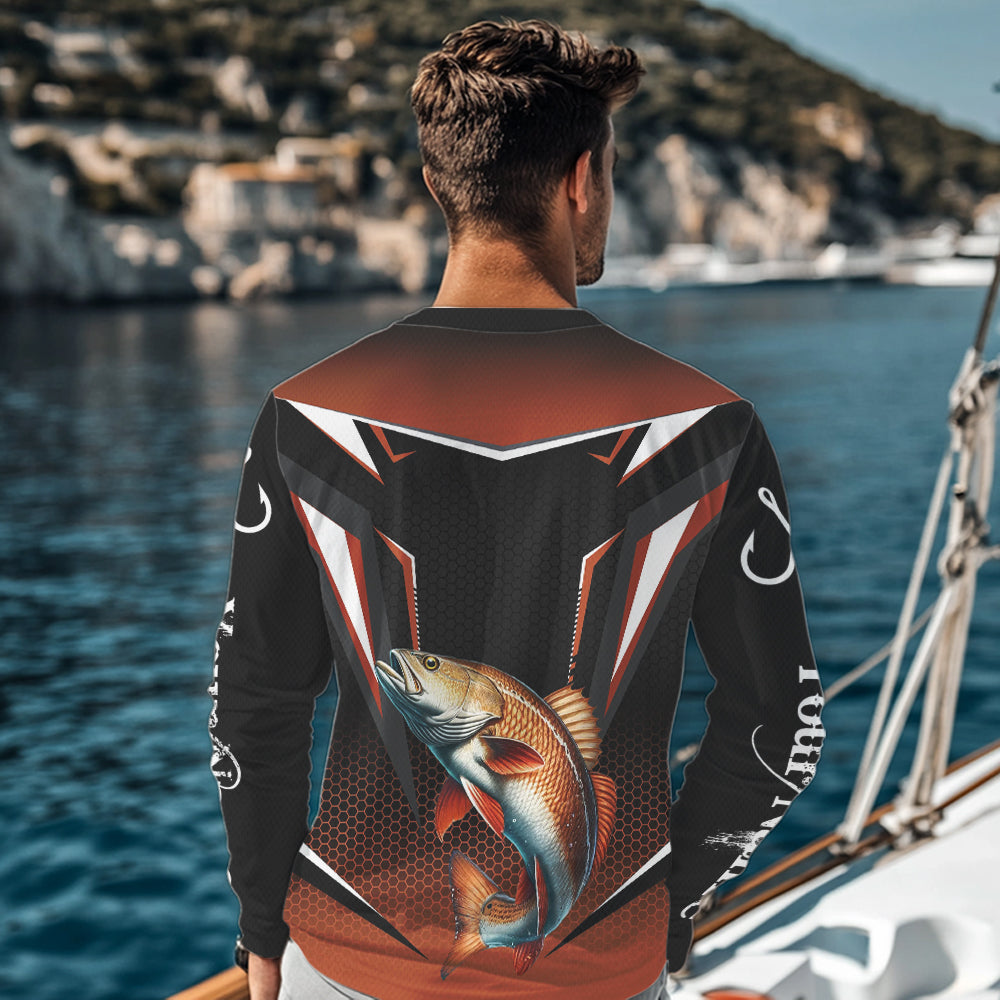Black and Orange Redfish Long Sleeve Fishing Shirt, Personalized Red Drum Fishing Tounament Jersey NQS9774