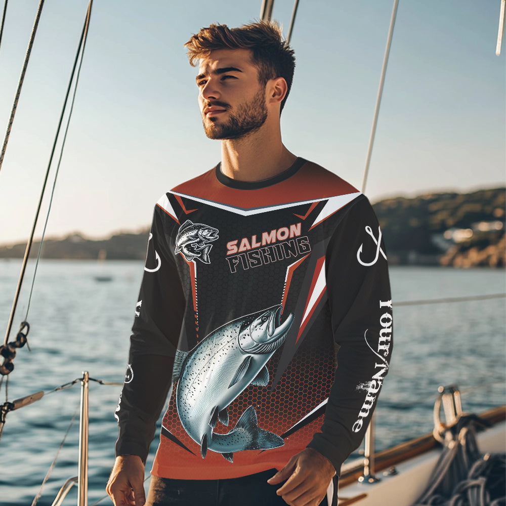 Black & Orange Chinook Salmon Long Sleeve Fishing Shirt, Personalized Salmon Fishing Tounament Jersey NQS9773