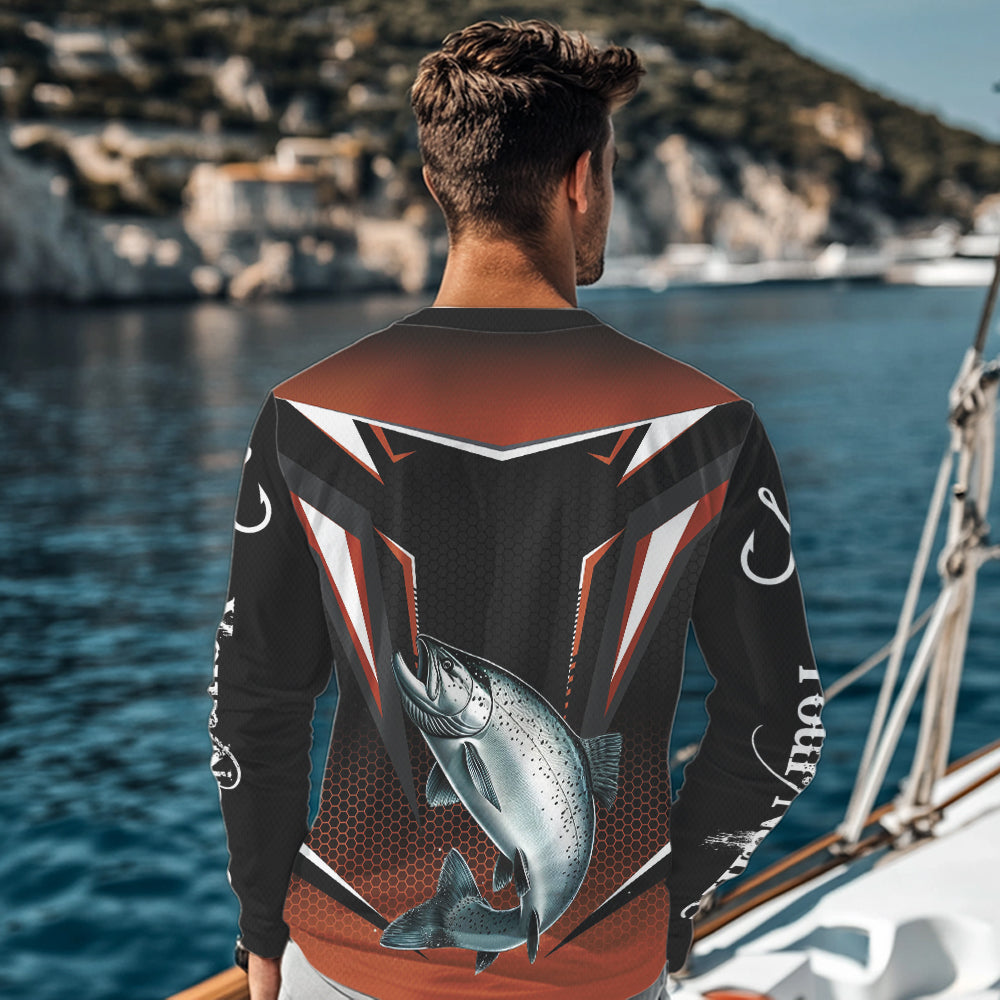 Black & Orange Chinook Salmon Long Sleeve Fishing Shirt, Personalized Salmon Fishing Tounament Jersey NQS9773