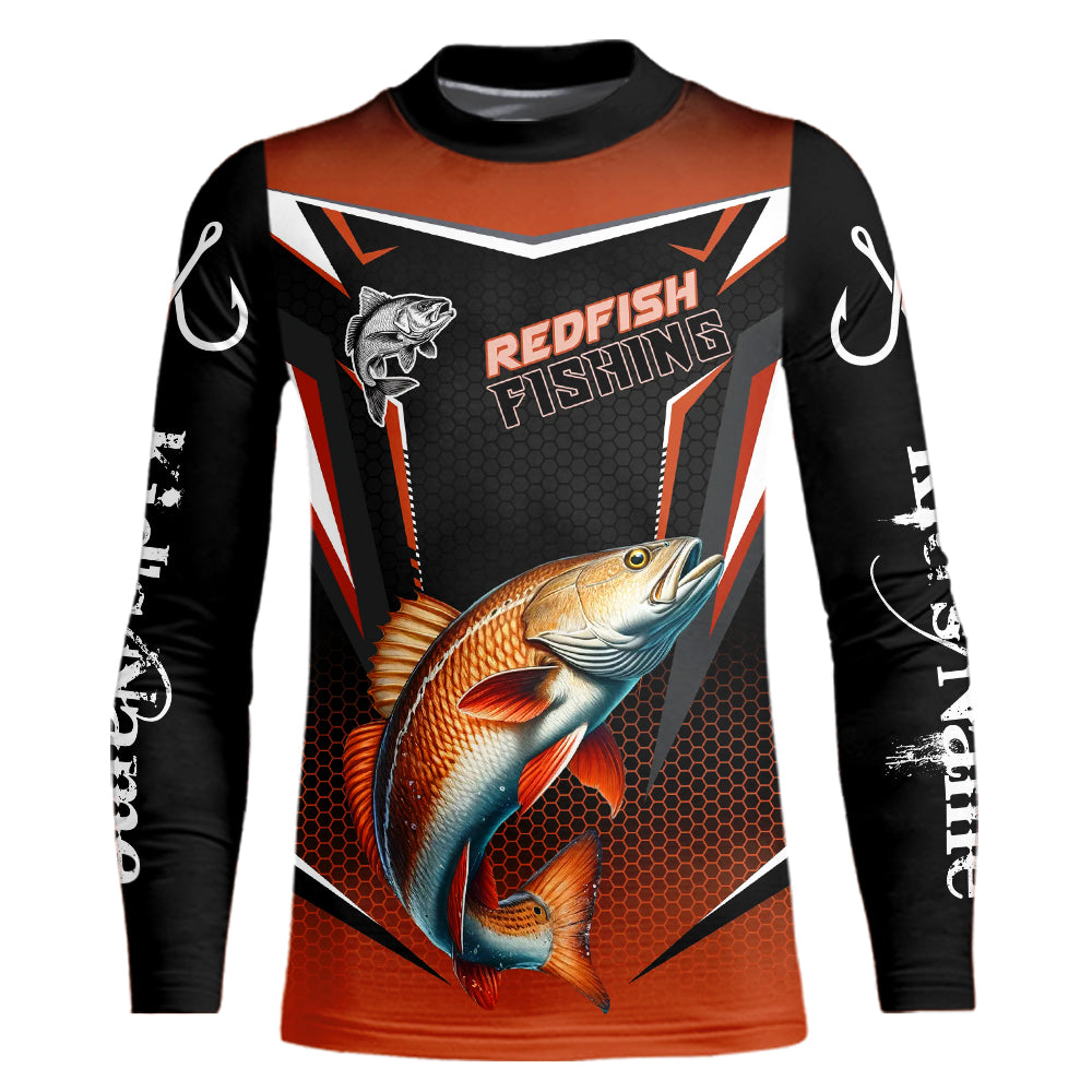Black and Orange Redfish Kid Long Sleeve Fishing Shirt, Personalized Red Drum Fishing Tounament Jersey NQS9774