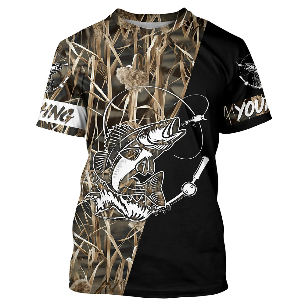 Walleye Fishing Tattoo camo black version Customize Name All-over Print Unisex fishing T-shirt NPQ68