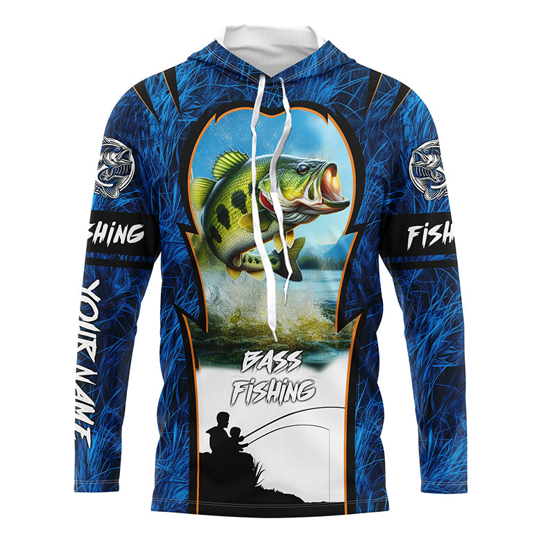 Bass Fishing Blue Camo Customize Name UV protection long sleeves fishing shirt for men NPQ90