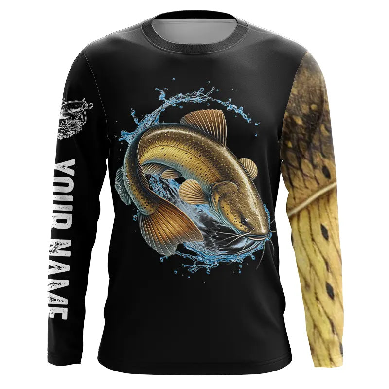 Flathead Catfish Fishing black scales Custom fishing long sleeve shirts, personalized fishing gift NPQ244