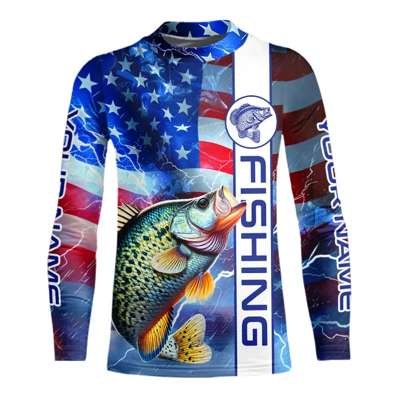 American flag Crappie lightning Kid Long Sleeve Fishing Shirt custom Patriotic Crappie fishing jersey NQS9472
