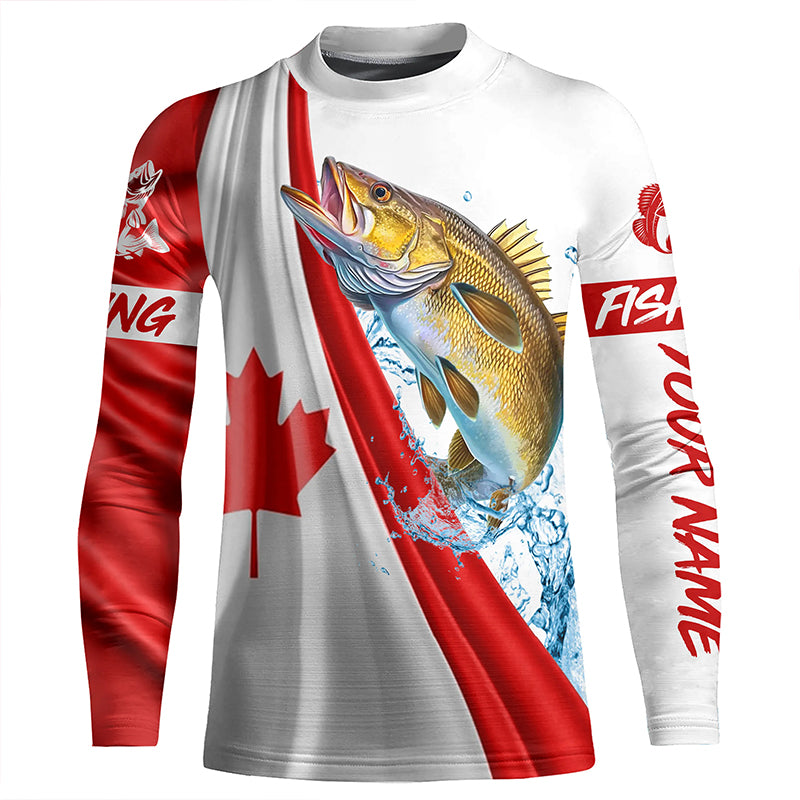 Canadian flag patriotic Walleye fishing Custom Name 3D long sleeve fishing shirts for Kid NQS5171