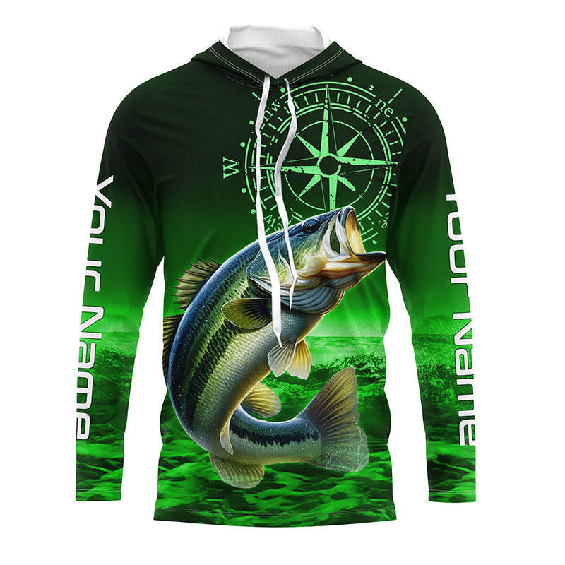 Personalized Bass Green Performance Fishing Long sleeves UPF, Bass Compass tournament Shirts NQS5881
