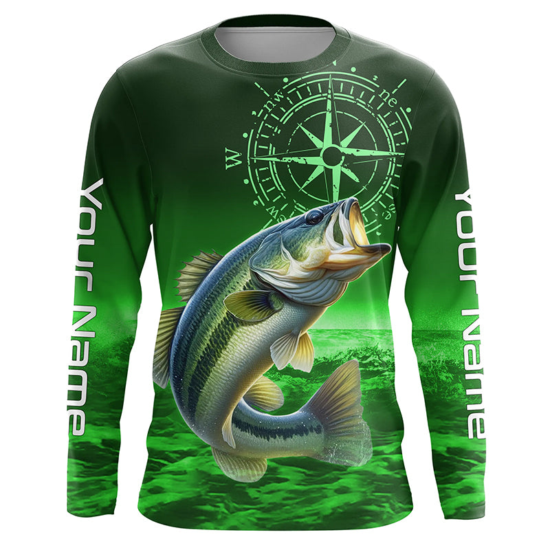 Personalized Bass Green Performance Fishing Long sleeves UPF, Bass Compass tournament Shirts NQS5881