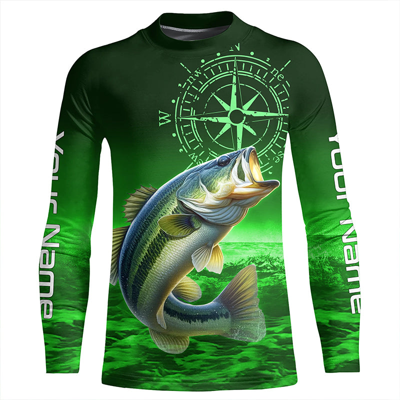 Personalized Bass Green Performance Fishing Long sleeves UPF for Kid, Bass Compass tournament Shirts NQS5881