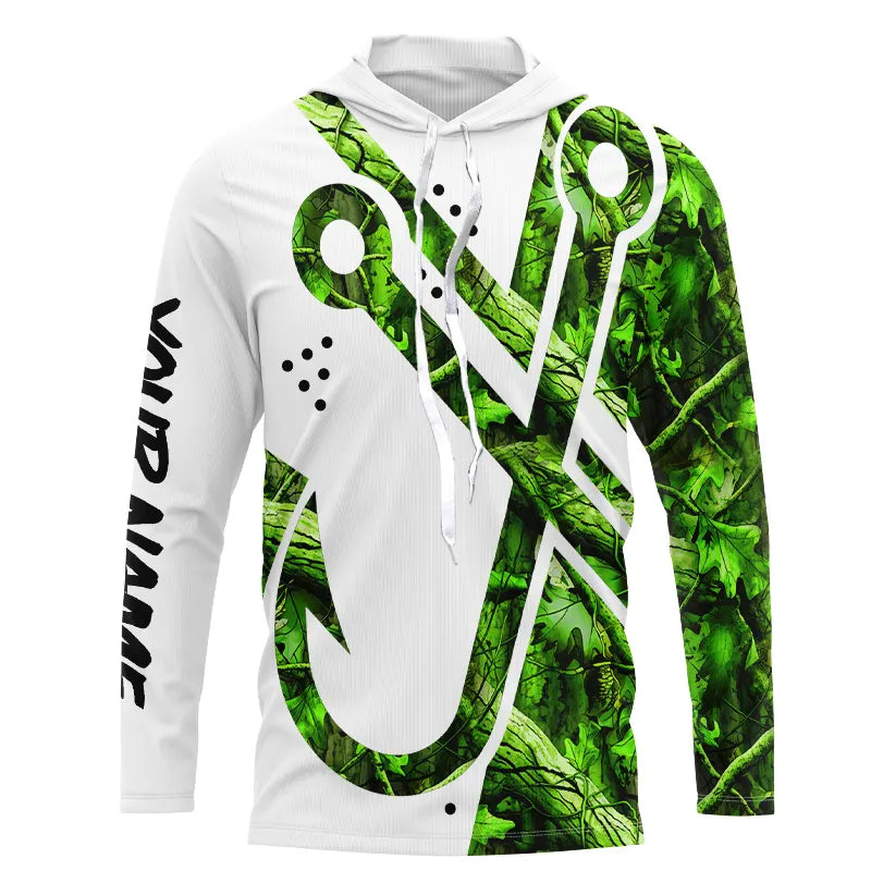 Green Camo Fish Hook Customize Name UV protection long sleeves fishing shirt for men, women NPQ129
