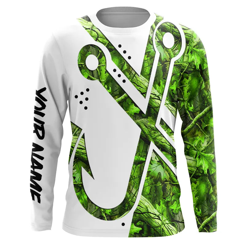 Green Camo Fish Hook Customize Name UV protection long sleeves fishing shirt for men, women NPQ129