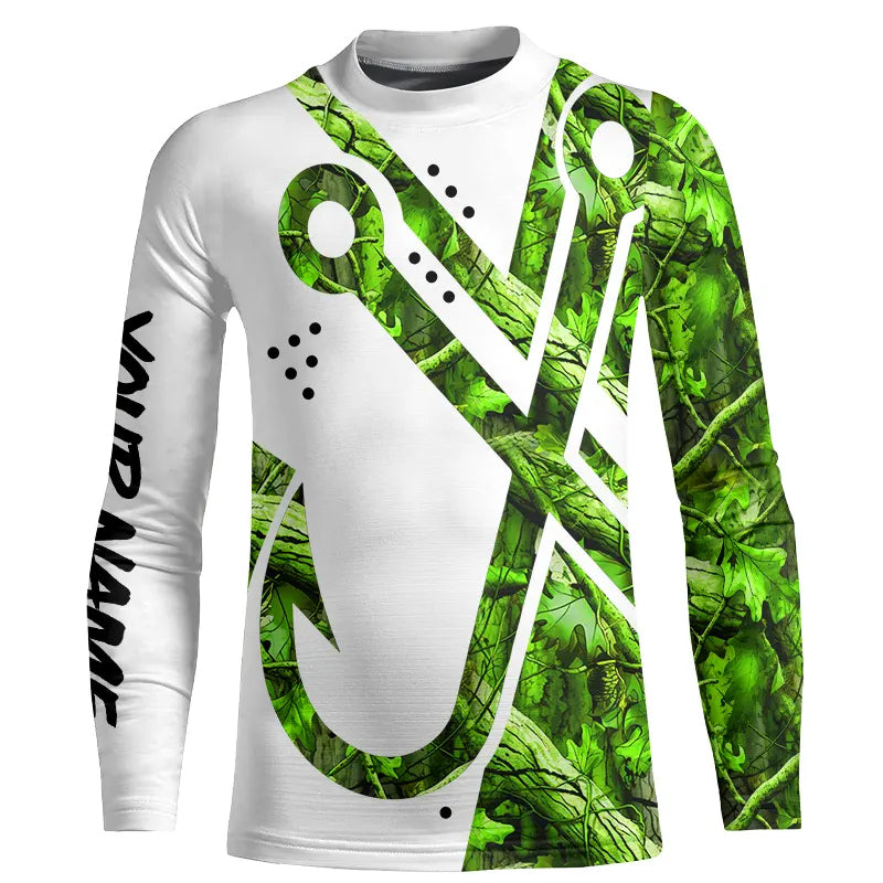 Green Camo Fish Hook Customize Name UV protection long sleeves fishing shirt for kid NPQ129