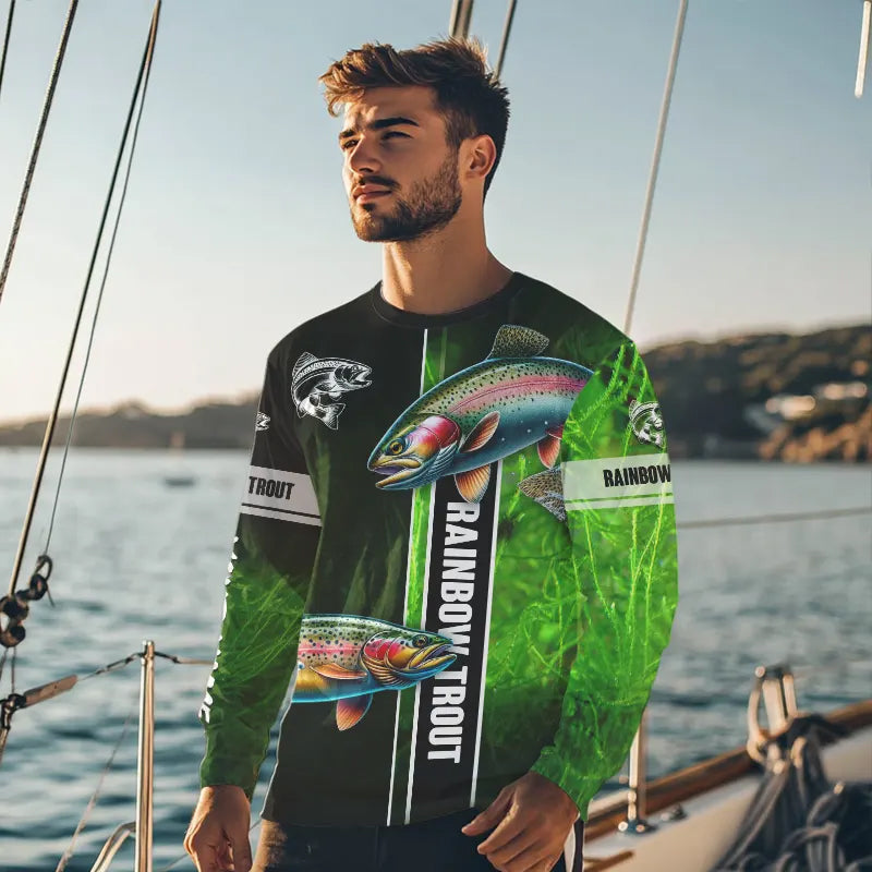 Rainbow trout fishing green shirt Customize Name tournament fishing Long sleeve, Long Sleeve Hooded NPQ329