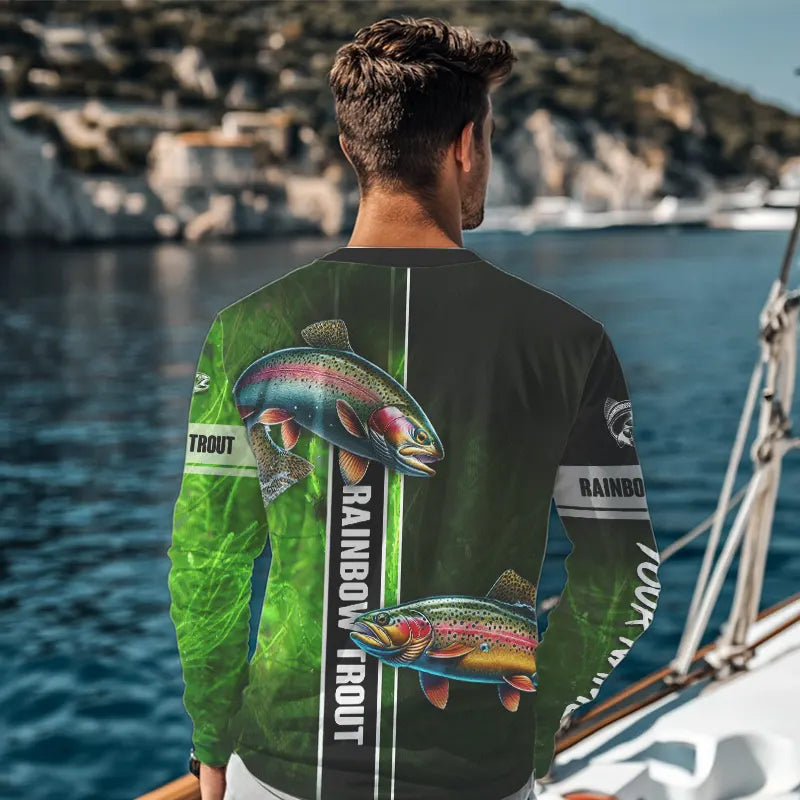 Rainbow trout fishing green shirt Customize Name tournament fishing Long sleeve, Long Sleeve Hooded NPQ329