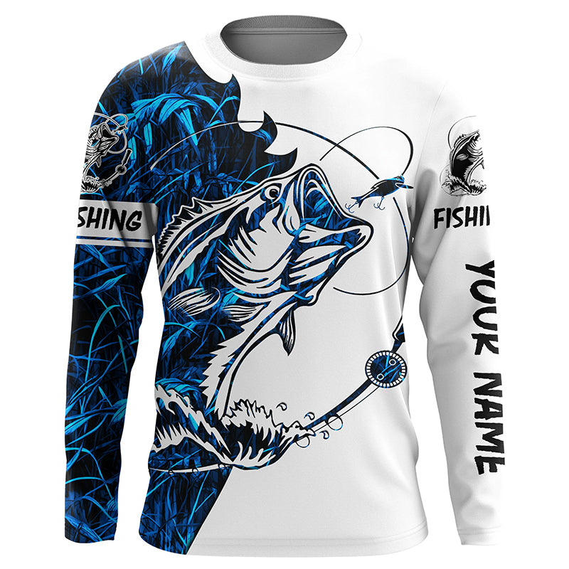 Blue camo Bass fishing Customize Name UV protection long sleeves fishing shirt for men NPQ97