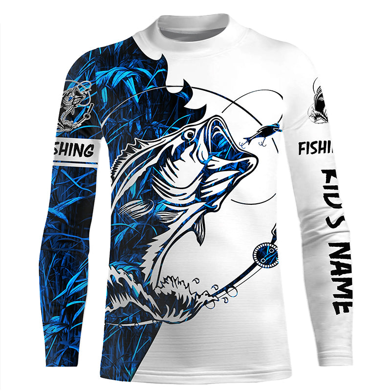 Blue camo Bass fishing Customize Name UV protection long sleeves fishing shirt for kid NPQ97