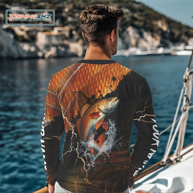 Personalized Redfish Fishing jerseys, Redfish scales lightning thunder Long Sleeve fishing shirts NQS11225