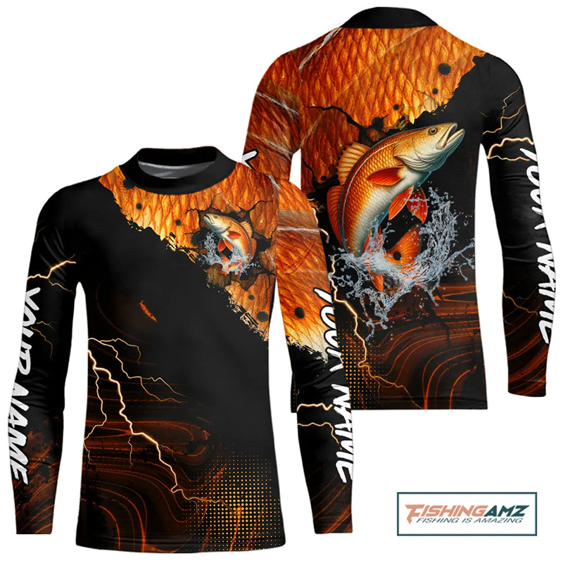 Personalized Redfish Fishing jerseys, Redfish scales lightning thunder Kid Long Sleeve fishing Shirts NQS11225