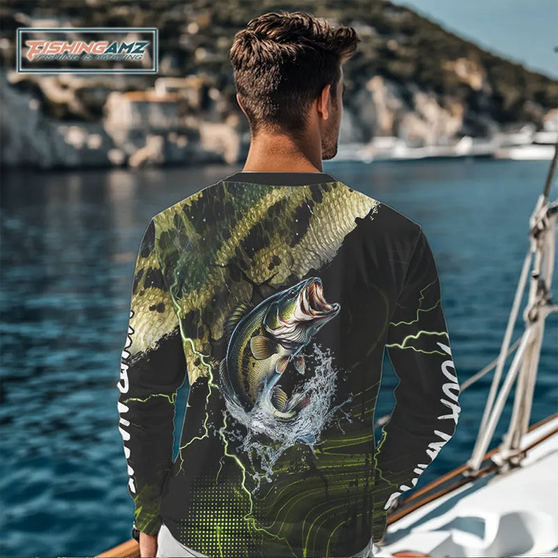 Personalized Largemouth bass Fishing jerseys, Bass scales lightning thunder Long Sleeve fishing shirt NQS11226