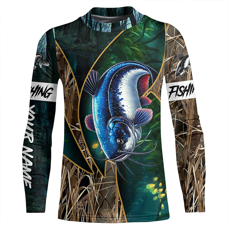 Catfish Fishing camo green Customize Name UV protection UPF 30+ long sleeves fishing shirt for kid NPQ37