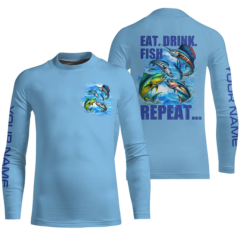 Saltwater offshore Fishing Custom Kid Long Sleeve Performance Fishing shirts Eat Drink Fish Repeat | Blue NQS5918