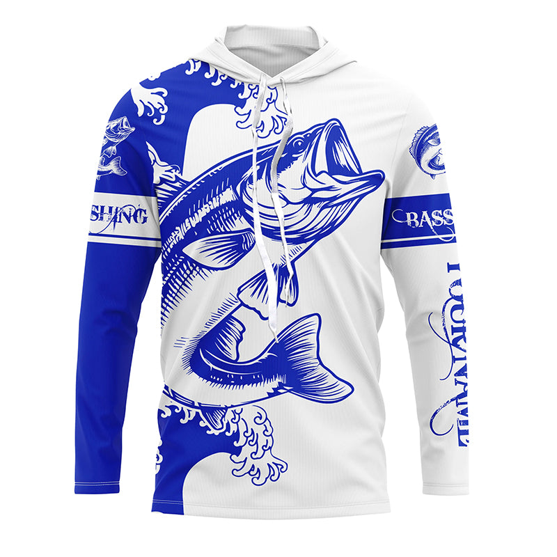 Largemouth bass fishing tattoo blue Custom name Bass Long sleeve fishing shirts, Long Sleeve Hooded NPQ884