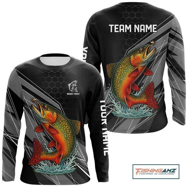 Personalized Black camo Brook Trout Fishing Jersey, Brook Trout Long Sleeve Fishing Tournament Shirts NQS11033