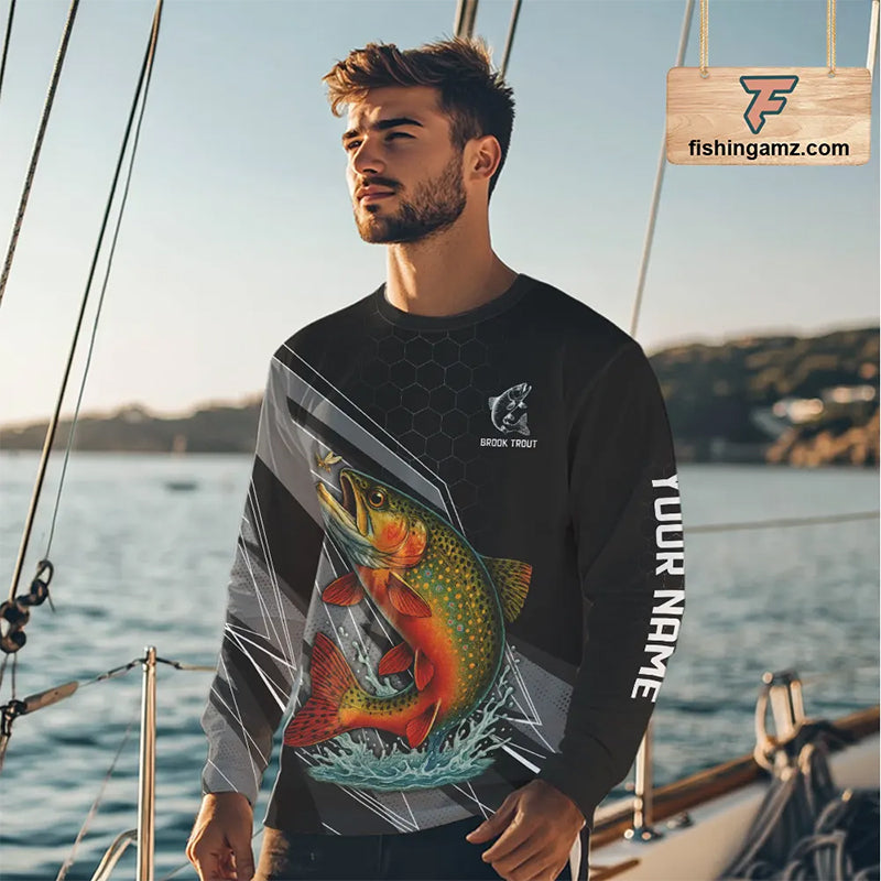 Personalized Black camo Brook Trout Fishing Jersey, Brook Trout Long Sleeve Fishing Tournament Shirts NQS11033