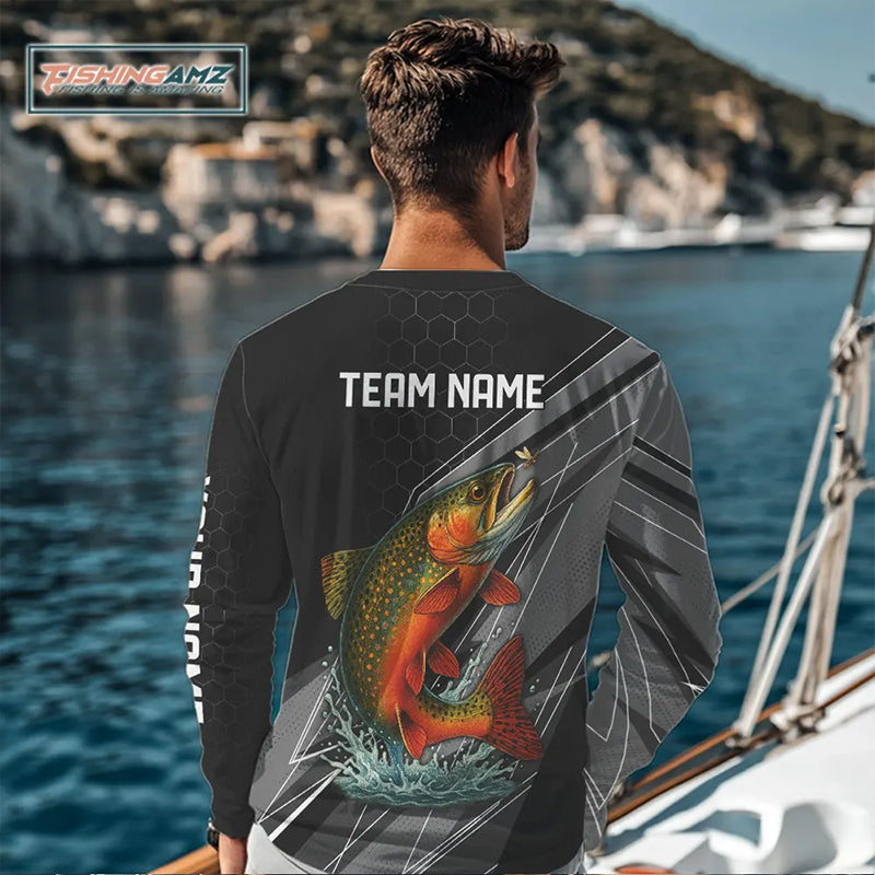 Personalized Black camo Brook Trout Fishing Jersey, Brook Trout Long Sleeve Fishing Tournament Shirts NQS11033