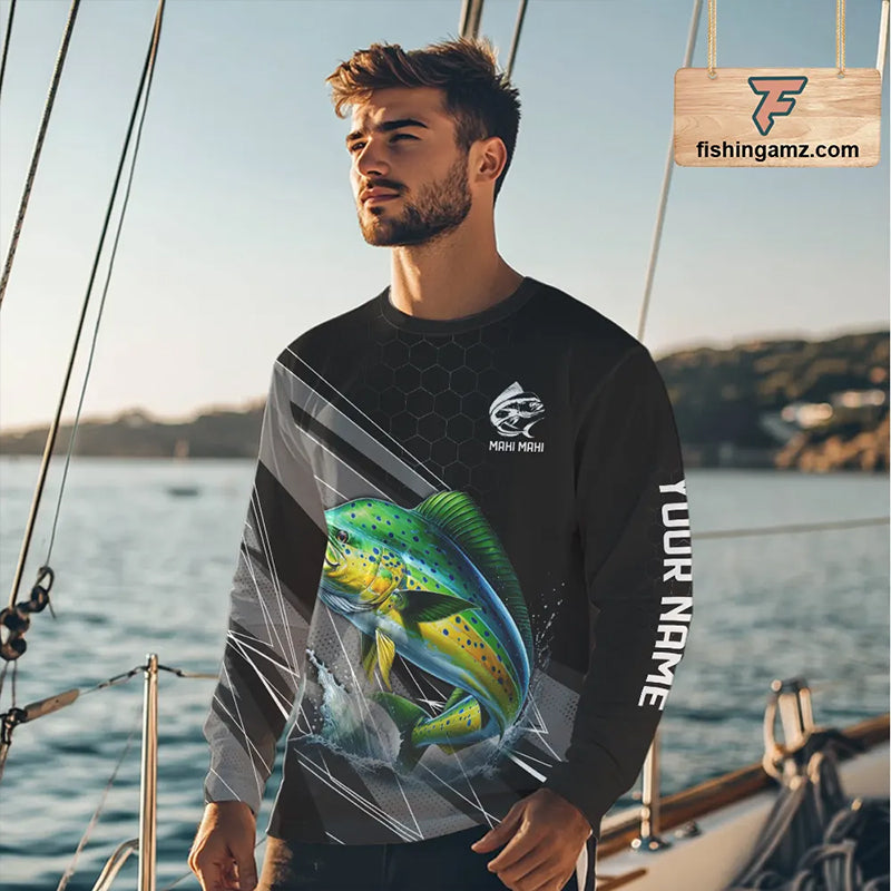 Personalized Black camo Mahi mahi Fishing Jersey, Dorado Long Sleeve Fishing Tournament Shirts NQS11034