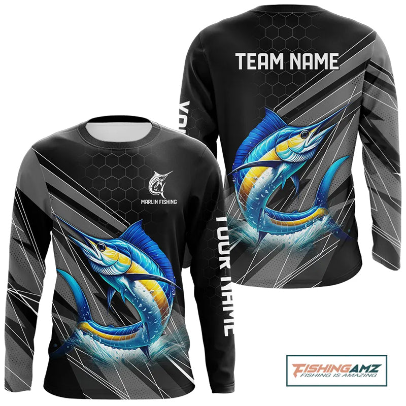 Personalized Black camo Marlin Fishing Jerseys, Marlin Long Sleeve Fishing Tournament Shirts NQS11035