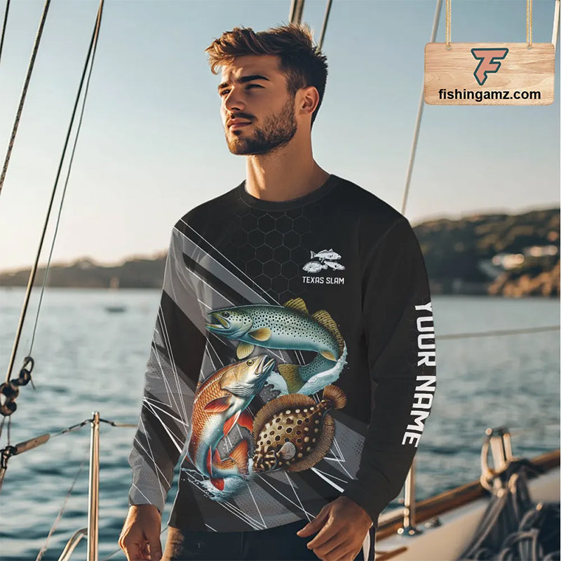 Personalized Black camo Inshore Slam Redfish, Trout, Flounder Fishing Long Sleeve Tournament Shirt NQS11036