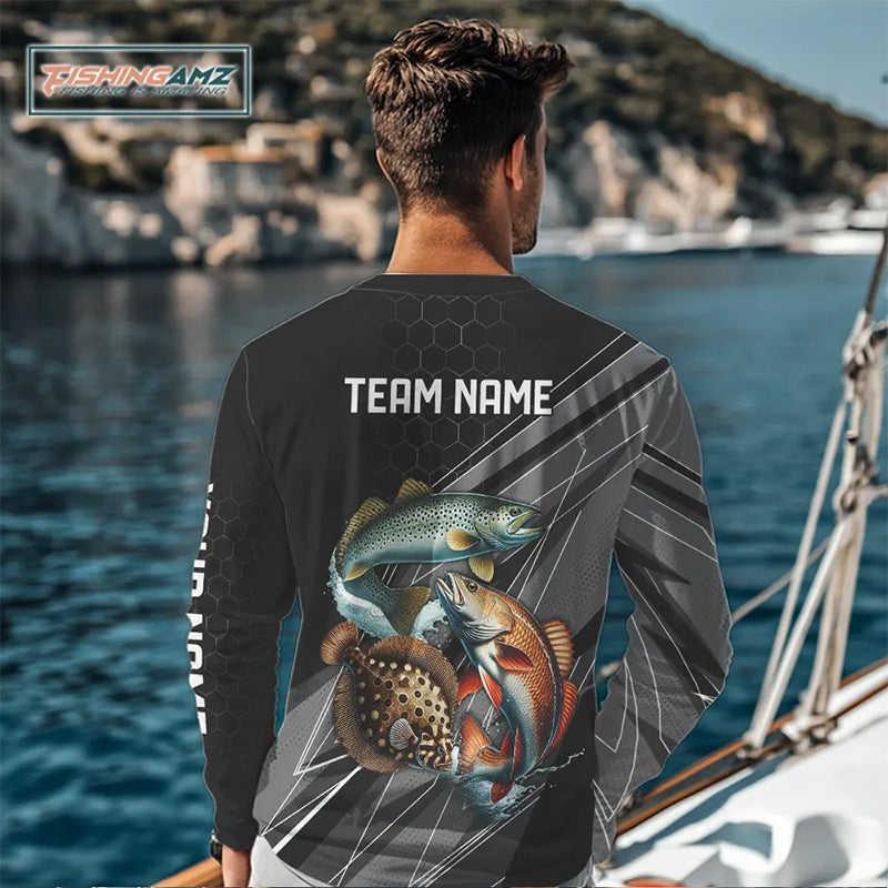 Personalized Black camo Inshore Slam Redfish, Trout, Flounder Fishing Long Sleeve Tournament Shirt NQS11036